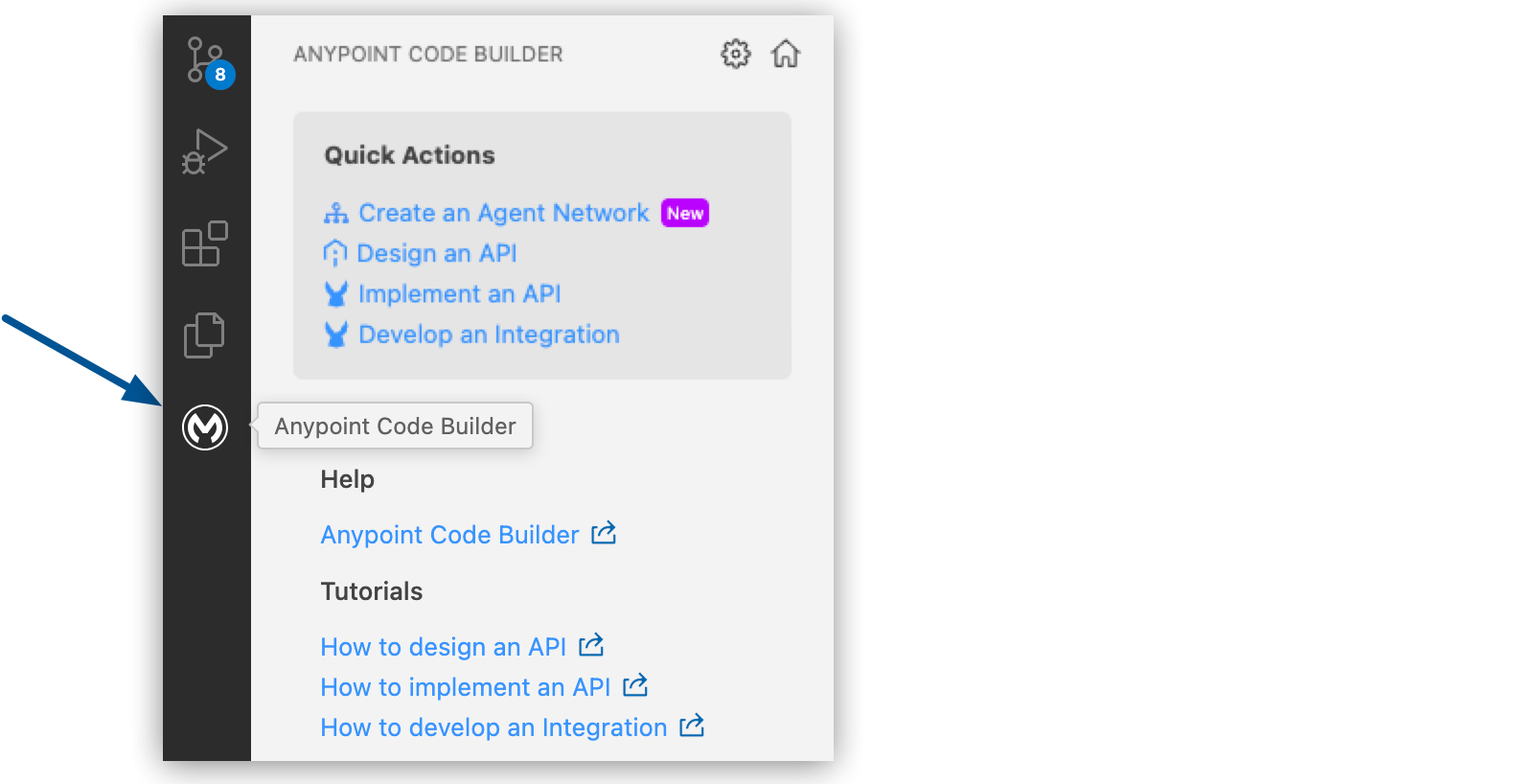 Anypoint Code Builder icon highlighted in the activity bar