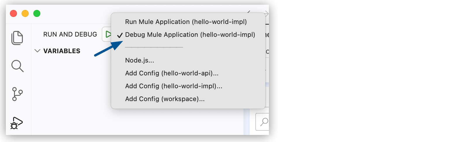 The Debug Mule Application option selected in the Run and Debug panel