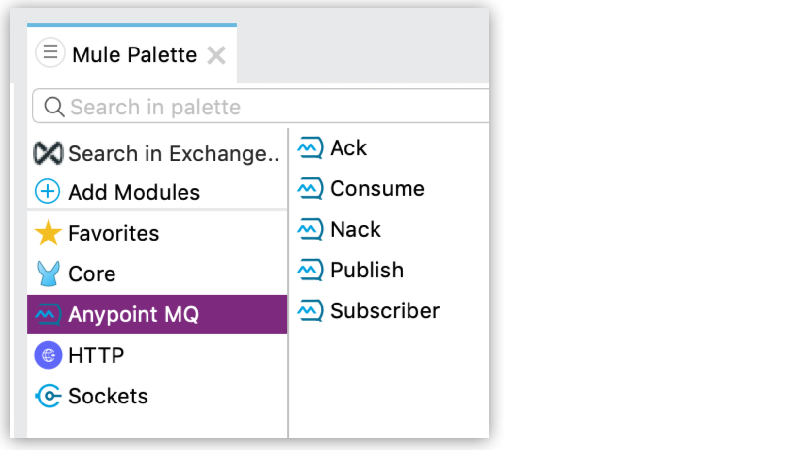 Anypoint MQ の [Mule Palette (Mule パレット)]