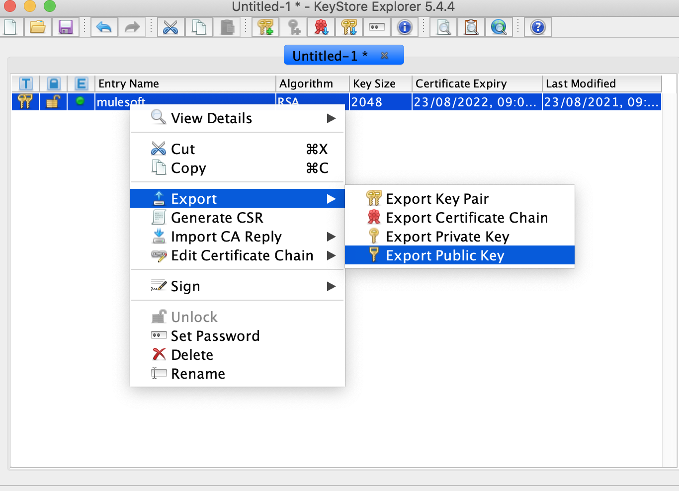 [Export Public Key (公開キーをエクスポート)] へのナビゲーション