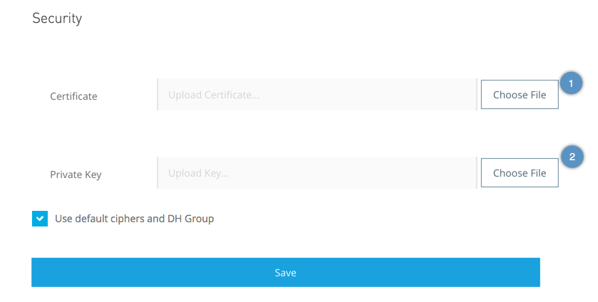 [Access Management (アクセス管理)] の [Security (セキュリティ)] タブの [Certificate (証明書)] および [Private Key (非公開キー)] 設定
