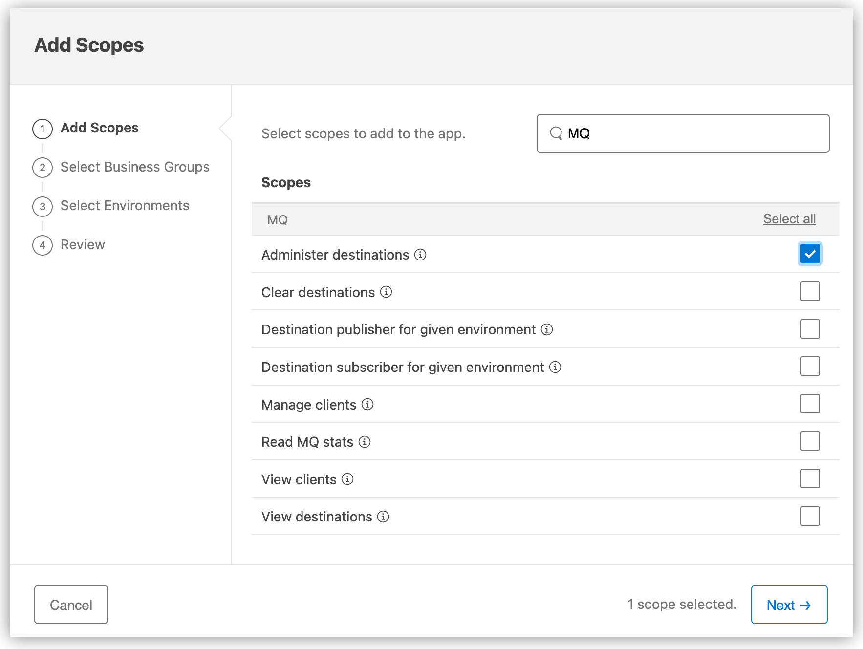 Add Scopes window showing the scopes to add to Anypoint MQ connected apps