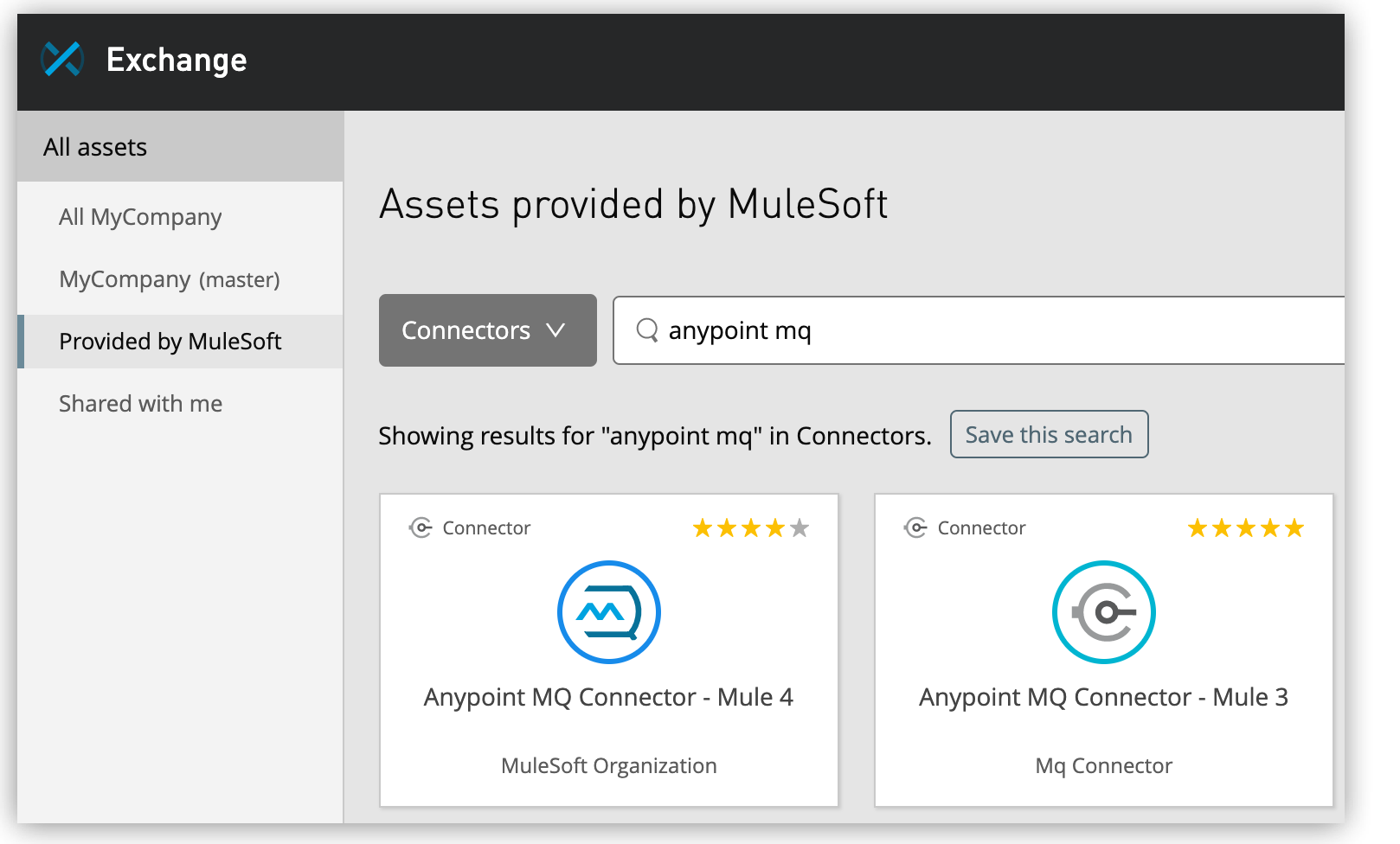 Exchange window showing the Provided by MuleSoft menu option and Connectors selected, and 